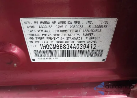 2004 Honda Accord 3.0 Ex из США, поврежденный, VIN 1HGCM66834A039412